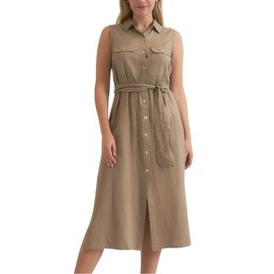 Women's Olive Button Front Linen Sleeveless Midi Dress NEW M